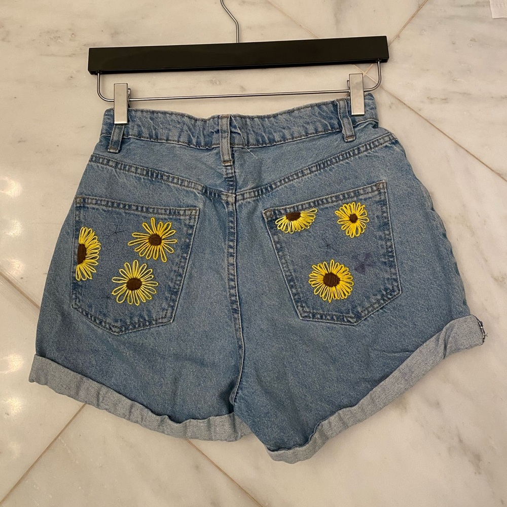 Cotton On high rise flashback denim shorts with hand stitched sunflowers